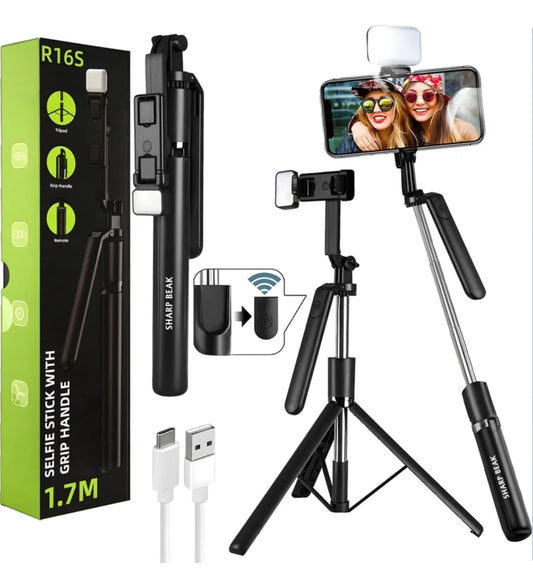 R16S 1.7M Bluetooth Selfie Stick Tripod with Wireless Remote & LED Light