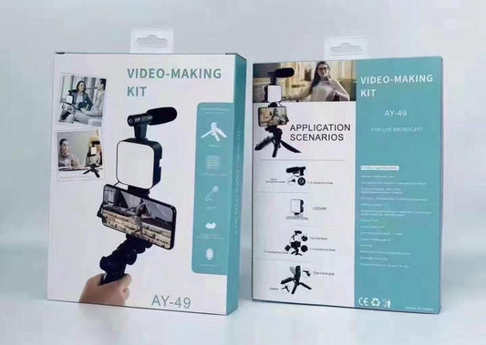 AY-49 Video-Making Kit – Complete Vlogging & Live Broadcast Setup with Microphone, LED Light & Tripod
