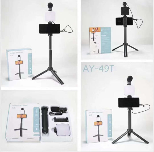 AY-49T Video-Making Kit – All-in-One Vlogging Setup with Tripod, LED Light & Microphone